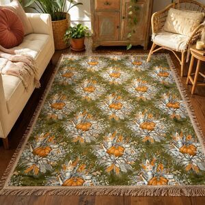 Vintage 5x7 Velvety Fringe Area Rug Fall Harvest Pumpkin Cottage Thanksgiving